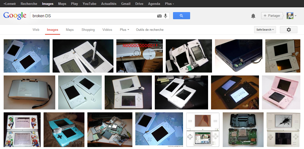 Recherche Google d'images de Nintendo DS cassées