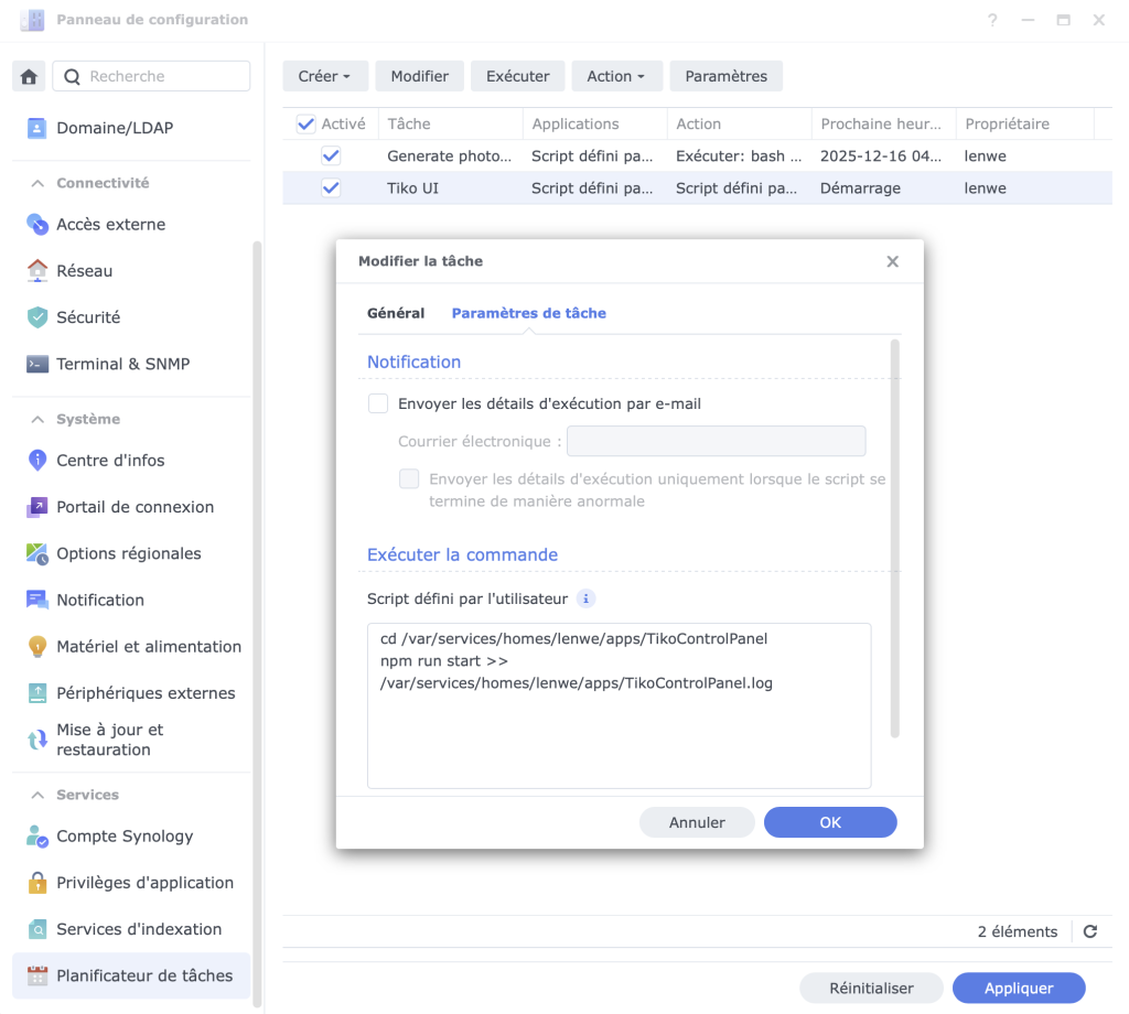 Capture d'écran de l'interface de gestion du NAS Synology avec le planificateur de tâches